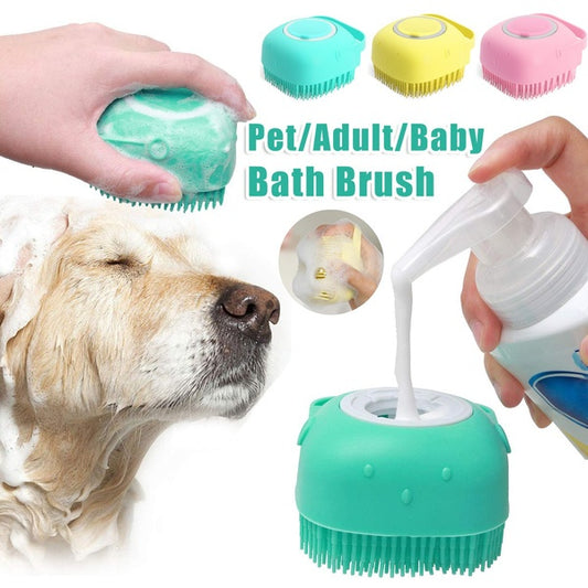 Silicone Pet Bath Massage Brush – Dog & Cat Grooming Tool with Shampoo Dispenser